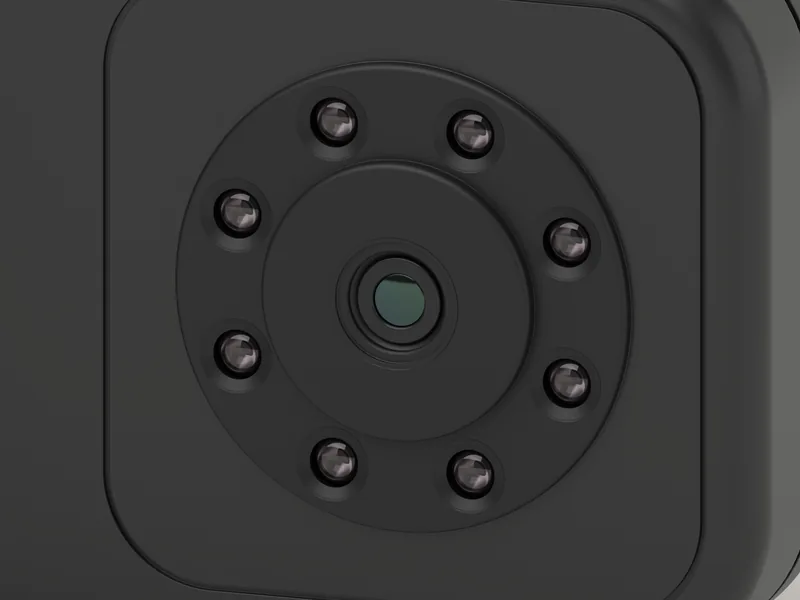 Close-up of the back of R1: a small lens in the centre of a ring of eight lights