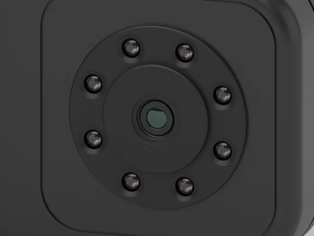 Close-up of the back of R1: a small lens in the centre of a ring of eight lights